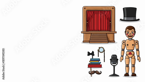 Theatre performance props presented with miniature stage, red curtains, wooden dummy. Detailed theatre performance props include top hat, monocle, books, mustache, and vintage microphone.