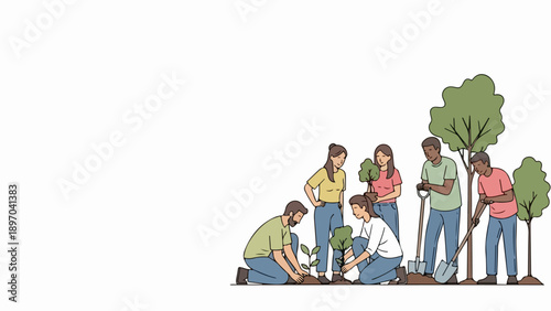 Diverse people planting trees, young saplings carefully placed into soil by volunteers. Group collaboration shows commitment to ecology,