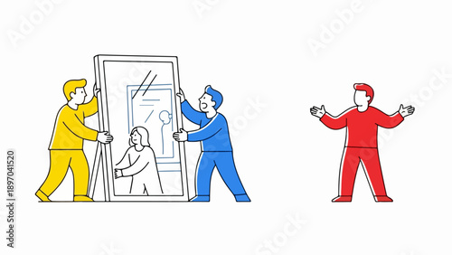 Two people carrying mirror, large reflective glass object moved with effort. Workers collaborate, ensuring secure transport while carrying mirror. Concept of relocation or installation,