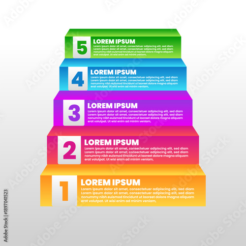 PrintColorful 5 step staircase infographic vector design for business presentation, workflow, process, strategy, timeline, or growth concept. Modern layered steps with numbers and text layout.