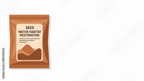 Flat illustration of brown packet for habitat restoration seed. Packet includes text indicating native habitat restoration seed, symbolizing ecological renewal and sustainable development for future.