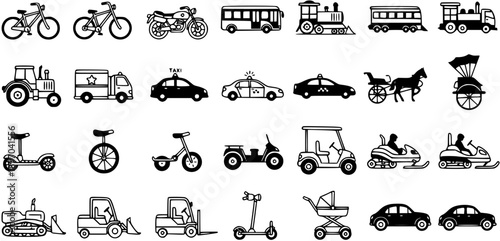 Black and White Line Art Doodle Icons Set of Various Transportation Vehicles. Hand Drawn Symbols for Travel, Commute, and Mobility.