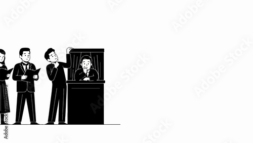 Black and white illustration depicts courtroom trial with people in formal attire, some holding documents. Legal proceeding shows judge or speaker in booth, other participants standing,