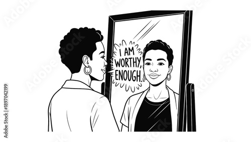 Professional line art of a woman looking in a mirror with positive affirmations for mental wellness and self-care coaching industry business branding.
