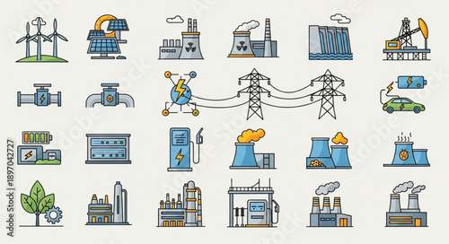 Collection of Industrial Energy and Power Icons.