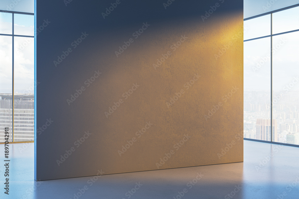 Fototapeta premium Blank wall in modern interior with sunlight and city view through large windows, perfect for poster or logo mockup display concept. 3D Rendering