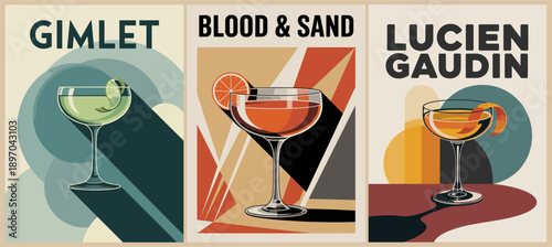 Art Deco–style retro cocktail posters set with Gimlet, Blood & Sand, and Lucien Gaudin in coupe glasses, geometric backgrounds, and bold minimalist design.
