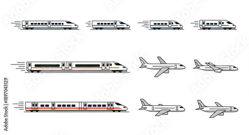 Collection of high speed trains and airplanes vector illustrations.