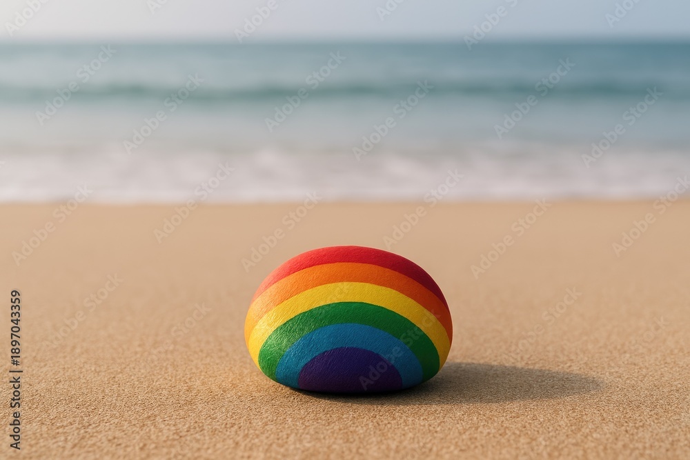 Obraz premium Painted rainbow rock resting on a sandy beach with gentle waves in the background stone pebble