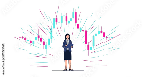 Professional Businesswoman Analyzing Volatile Stock Market Candlestick Chart Data. Financial Trading Strategy Concept.