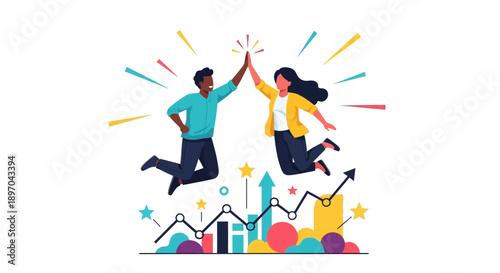 Business Success and Growth. Diverse Team High Fives Above Charts. Corporate Achievement and Partnership Vector Illustration.