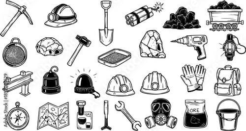 Mining Tools and Equipment Icons Set. Hand Drawn Black and White Line Art Collection for Industrial Design