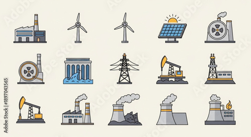 Collection of industrial and energy production icons.