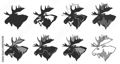 Moose head for your design, vector, black and white set
