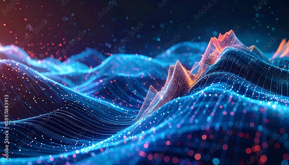Naklejka premium Abstract Data Visualization Waves of Information Flow with Particles and Lines.