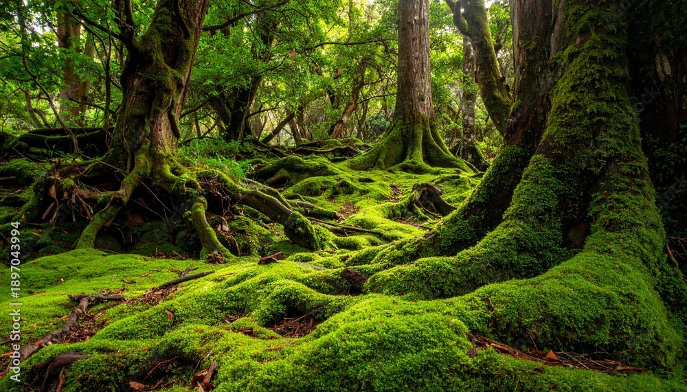 Obraz premium Enchanted Forest Landscape with Mossy Trees and Roots Lush Greenery.