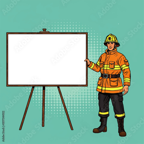 Pop art illustration of a male firefighter in uniform presenting a blank whiteboard on an easel, perfect for safety messages, training, or announcements.