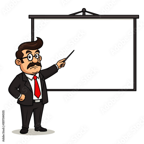 Cartoon man in a suit and glasses, pointing at a blank projector screen with a stick. Ideal for presentations, education, or business concepts with customizable text space.