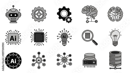 Collection of Artificial Intelligence and Technology Icons in Monochromatic Style Representing Innovation and Ideas