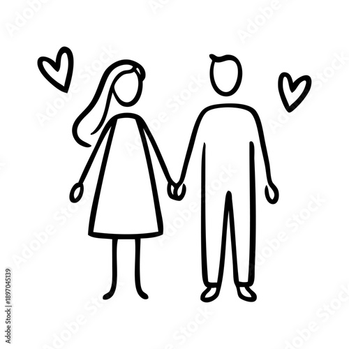 Día de San Valentín. Dibujo sencillo con líneas de una pareja feliz cogida de la mano rodeada de corazones