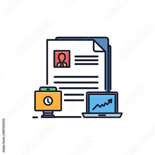Business document with profile and laptop showing growth chart for career development