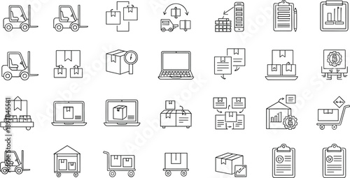 Warehouse fulfillment and inventory management line icons set featuring order processing, storage, shipping, tracking, logistics operations, and ecommerce supply chain business concepts
