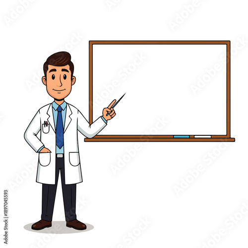 Friendly cartoon doctor or scientist in a lab coat, holding a pointer and presenting next to a blank whiteboard. Ideal for medical, educational, or scientific content.