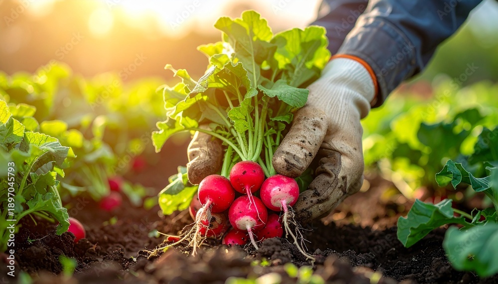 Fototapeta premium Freshly Harvested Radishes in the Garden at Sunset Organic Farming Healthy Eating and Sustainable Agriculture.