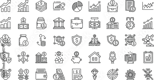 Investment and financial growth line icons set featuring money, banking, security, savings, analytics, assets, profit, and wealth management business concepts
