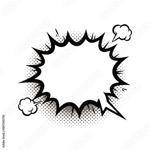 A retro comic book style speech bubble with an explosive outline and halftone dots, perfect for conveying strong emotions or sound effects in a dynamic graphic.