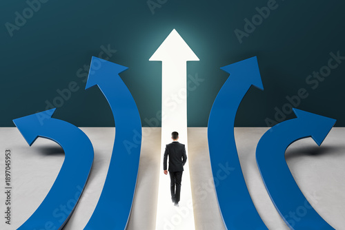 Slika na platnu Businessman walking toward the brightest path as arrows diverge upward symbolizing direction, ambition, and career success in a creative concept