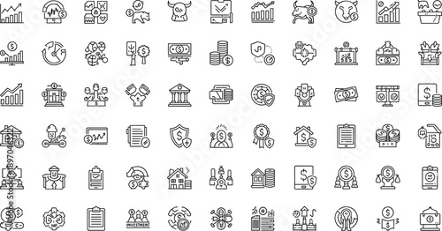 Business management and corporate finance line icons set featuring strategy, teamwork, banking, security, analytics, payments, growth, and professional services concepts