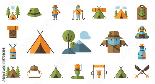 Collection of Flat Design Camping and Outdoor Adventure Icons.