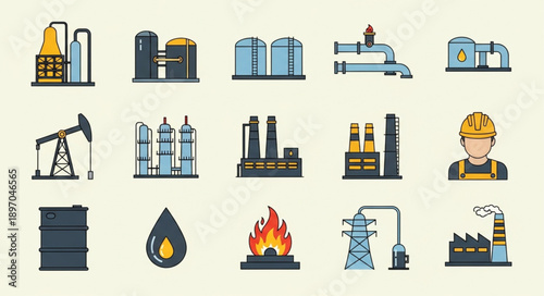 Collection of Industrial Factory and Oil Production Icons.