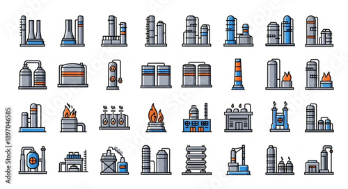 Collection of Industrial Factory and Plant Icons.