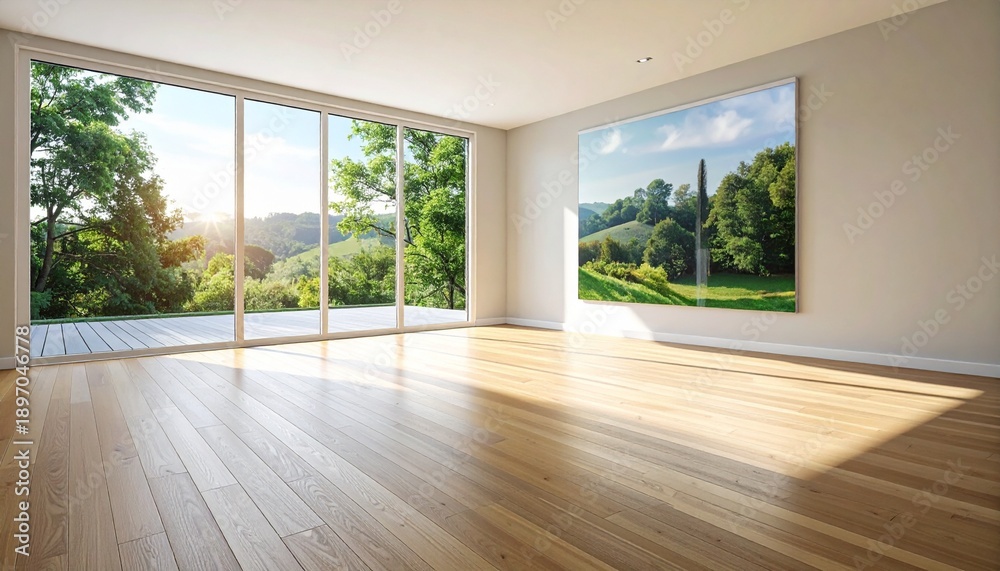 Fototapeta premium Bright Modern Interior with Landscape View and Art Emphasizing Natural Light and Spaciousness.