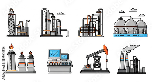 Collection of industrial factory and refinery icons.