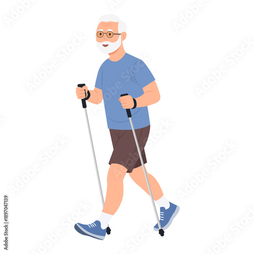 Cheerful elderly man engage in nordic walking. Demonstrating a healthy and active lifestyle. Outdoor activity isolated vector illustration