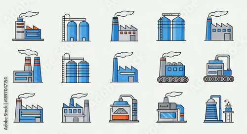 Collection of Industrial Factory Building Icons with Smoke.