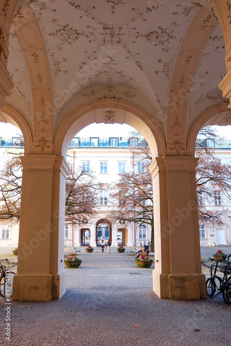 Mirabelle palace and its arch gate at the main entrance on a sunny beautiful winter day 