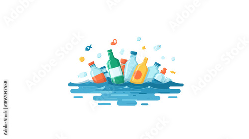 Ocean Pollution With Plastic Bottles Floating On Water