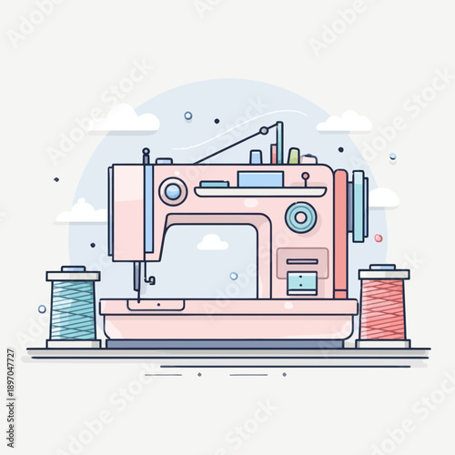 Pink Sewing Machine with Thread Spools Illustration