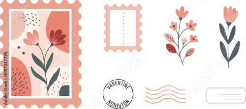 Valentine Floral Ornaments Collection, Pink Leaf Wreath Set, Romantic Botanical Dividers and Heart Ribbons for Wedding Invitations and Love Themed Graphic Design