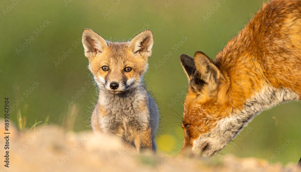 Fototapeta premium Fox family bonding in natural habitat curious fox kit looking at camera.