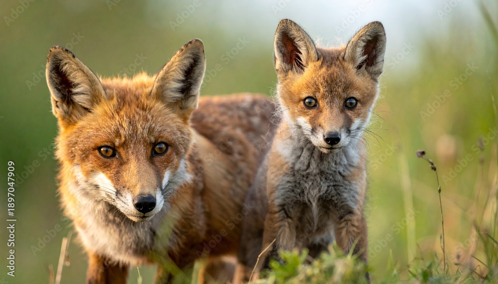 Fototapeta premium Red Fox Mother and Cub Portrait in a Natural Habitat Summer Meadow Wildlife Togetherness and Bonding.