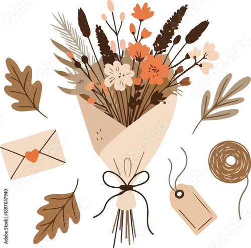 Valentine Floral Bouquet Collection, Hand Drawn Romantic Flower Arrangements and Peonies in Dusty Pink and Mauve