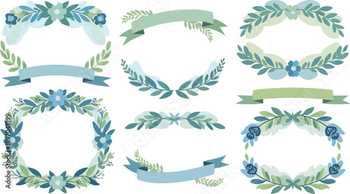 Valentine Floral Wreath and Ribbon Banner Collection in Soft Blue and Green Pastel Colors