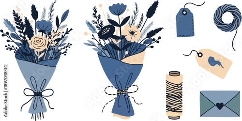 Valentine Floral Bouquet Set with Wreath, Gift Tags and Love Letter Illustration in Blue Palette