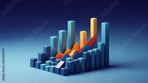 Deep Blue 3D Data Visualization: Bar Chart and Line Graph Showing Growth and Market Performance