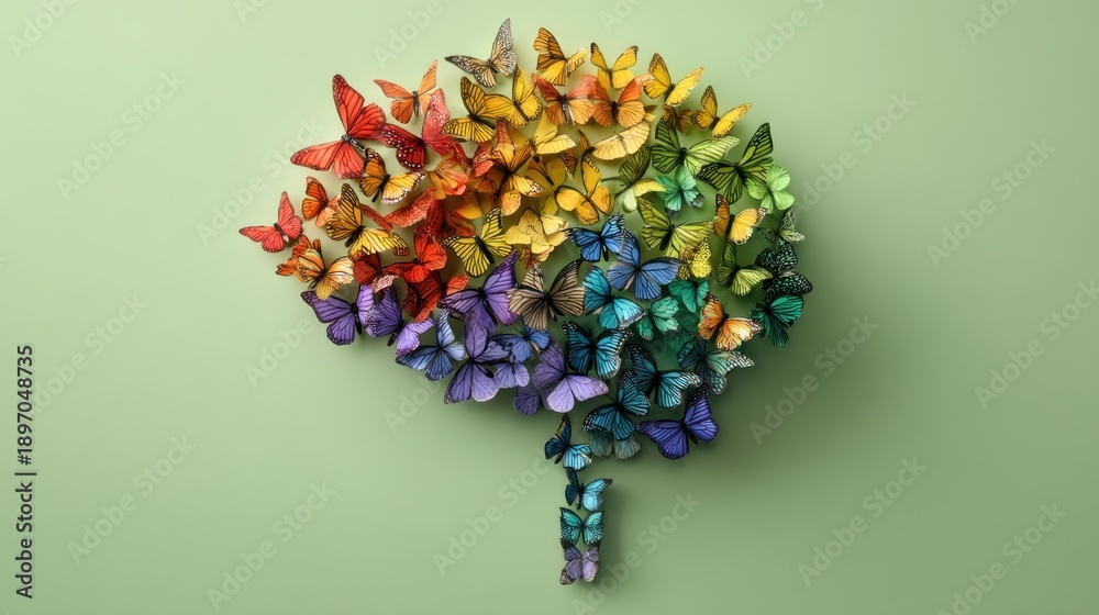 Fototapeta premium Vibrant tree of multicolored butterflies on green background.